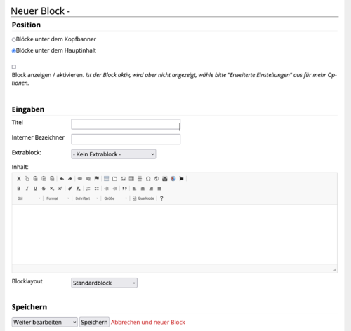 Screenshot von der Bildschirmaske zum erstellen eines neuen Blocks