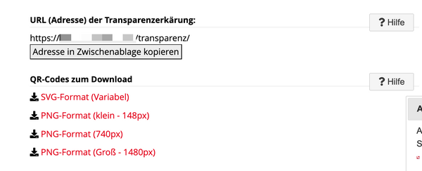 Screenshot Transparenzerklärung URL und Download QR-Code
